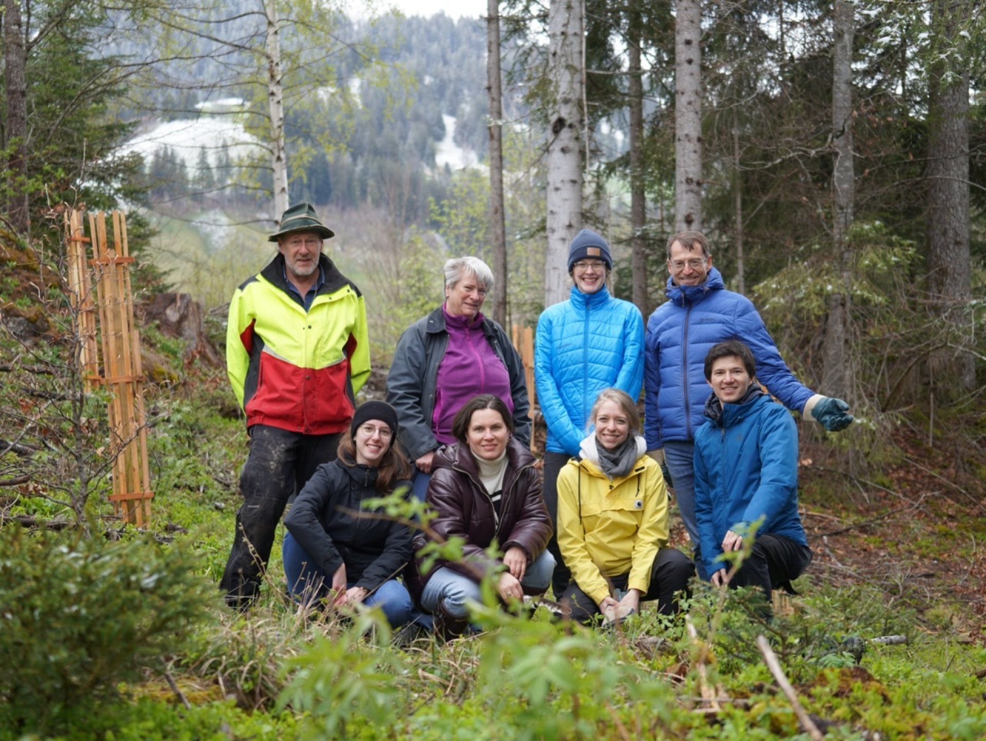 The Menuhin tree-planting team: (back row, from left) forester Daniel Bütschi, Beatrice Frautschi, Seraina Jung, Christoph Müller, (front row, from left) Jasmin Teuscher, Christine von Siebenthal, Arina Kropf and Lukas Wittermann.
