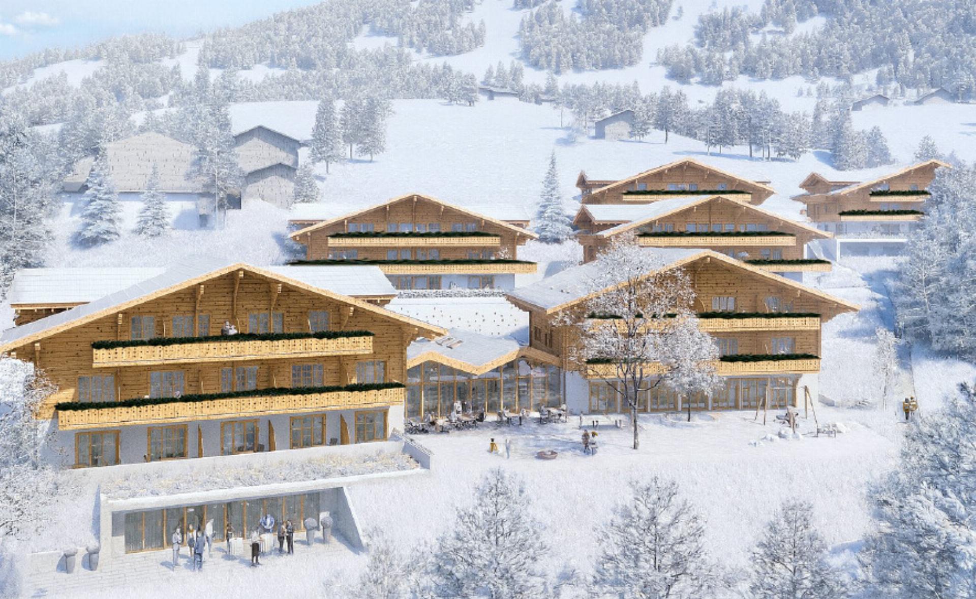 The New Alpenblick Gstaad – On roughly 10,000 m², a holiday and educational oasis is set to emerge, with a central restaurant where locals and guests from all walks of life can meet for coffee or an aperitif. Behind it, the four buildings that will provide affordable housing. - Das Bild wird blockiert. – Möglicherweise durch einen aktiven Adblocker.