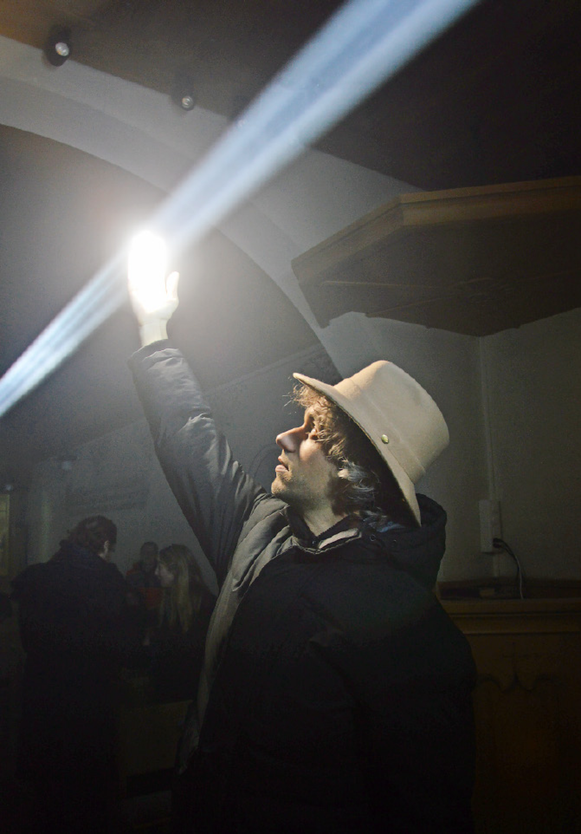 Emilio Ferro with his immaterial light sculpture. Swirling mist enhances the visibility of the beam for visitors during the day. | Photo Roberto Conte