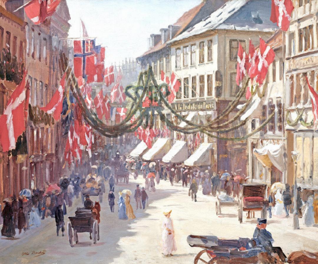 Otto Bache, Flag Day in Copenhagen on a Summer Day, in Vimmelskaftet, after 1892. Otto Bache, Flag Day in Copenhagen on a Summer Day, in Vimmelskaftet, after 1892.