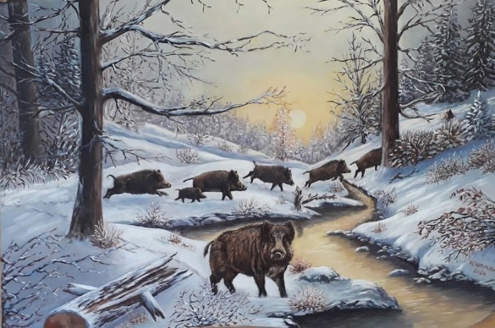 Oil painting Wild Boars in Winter by Kurt Hofmann