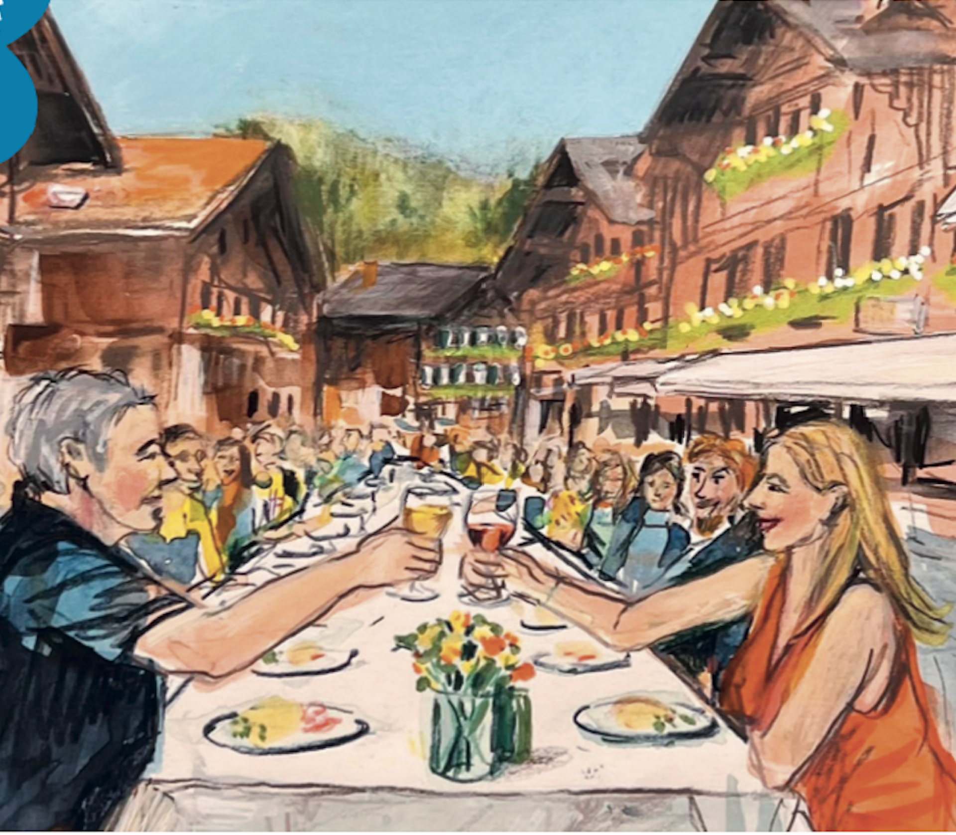 The Saanen Village party, illustration by Theres Rütschi