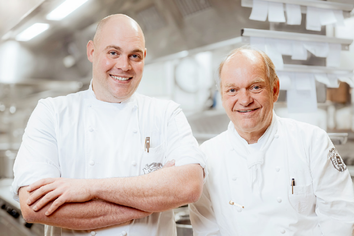 A changing of the guard at the Gstaad Palace: Culinary Director Franz W. Faeh (right) will retire after an illustrious career, handing the reins to his long-time deputy, Luca Gatti, from the 2026/27 winter season. PHOTO: GSTAAD PALACE