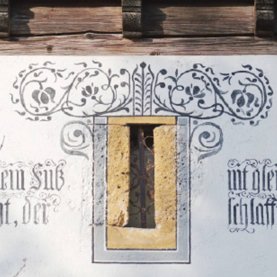 2 Another innovation, though short-lived in Saanen, was the use of late Gothic Mauresque ornamentation. Inspired by Moorish decorative motifs, these delicate black-painted floral designs frame the cellar doors and windows with elegant trailing blossoms. 2 Another innovation, though short-lived in Saanen, was the use of late Gothic Mauresque ornamentation. Inspired by Moorish decorative motifs, these delicate black-painted floral designs frame the cellar doors and windows with elegant trailing blossoms.