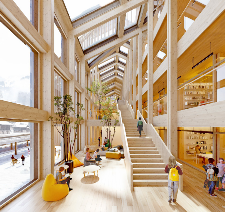 A light-filled central atrium connects all floors, classrooms and shared teaching spaces, with a learning centre at the top | Image courtesy of Snøhetta A light-filled central atrium connects all floors, classrooms and shared teaching spaces, with a learning centre at the top | Image courtesy of Snøhetta