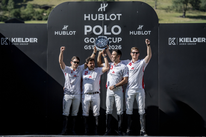 Good things come to those who wait: after four finals, brothers Fabio and Luca Meier can finally celebrate victory alongside Adrian Laplacette and Facundo Retamar, winners of the 2026 Hublot Polo Gold Cup Gstaad with Albinati Aeronautics. © Der Rote Drache/ Kathrin Gralla