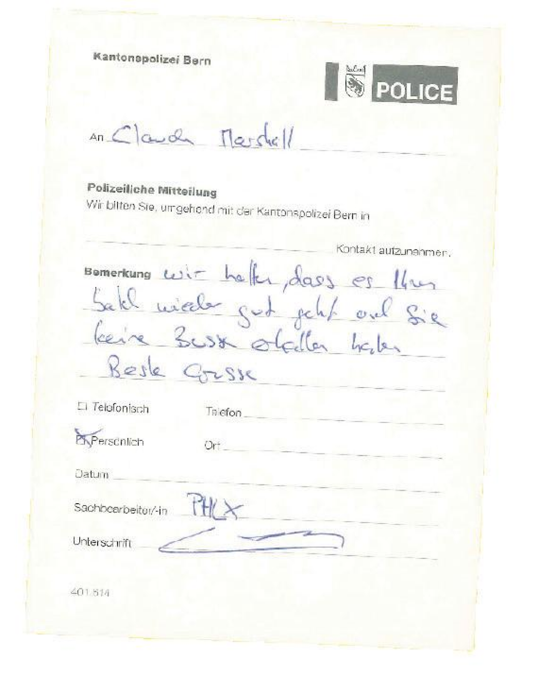 This was the personal note that was placed in the windscrren of Claude Marshall This was the personal note that was placed in the windscrren of Claude Marshall