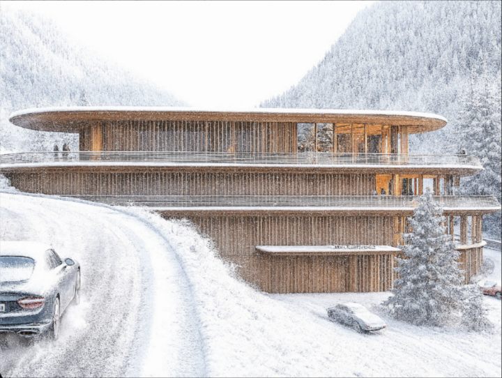 Architectural visualisation of the proposed Gstaad House, designed by Foster + Partners. © Foster + Partners. Architectural visualisation of the proposed Gstaad House, designed by Foster + Partners. © Foster + Partners.